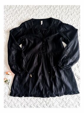 Kivari Black Mini Dress Boho Balloon Sleeve Pockets Pintuck Size US 4